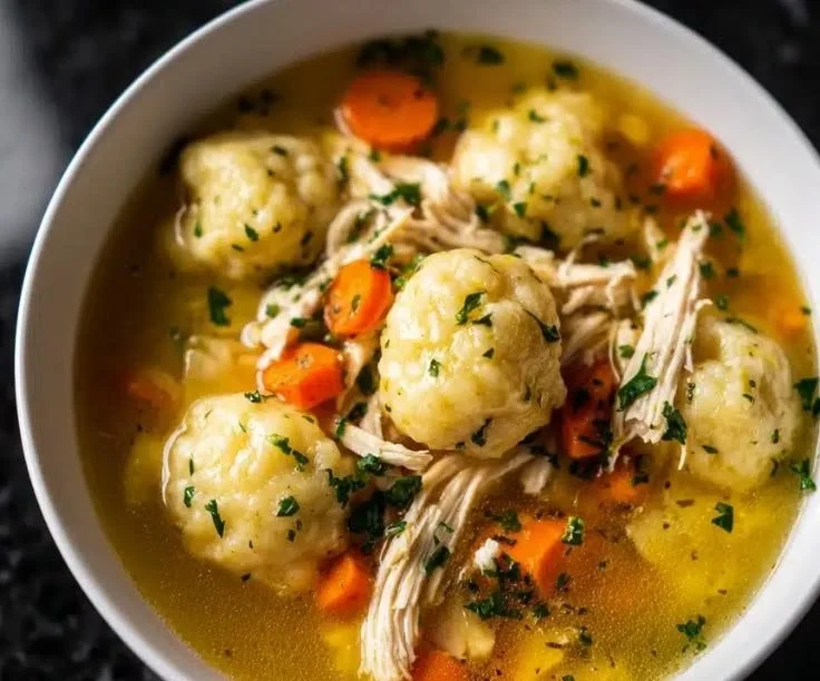 Bowl of Healing Comfort Classic Chicken Dumpling Soup garnished with herbs