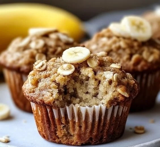 Healthy banana oatmeal muffins served on a plate with fresh bananas