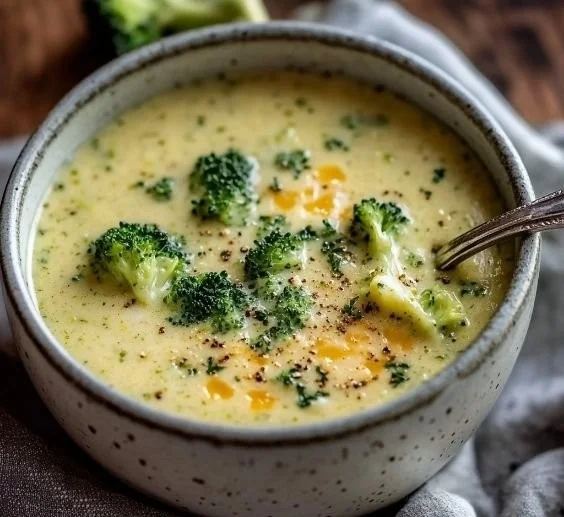 Bowl of healthy broccoli cheddar soup with fresh ingredients