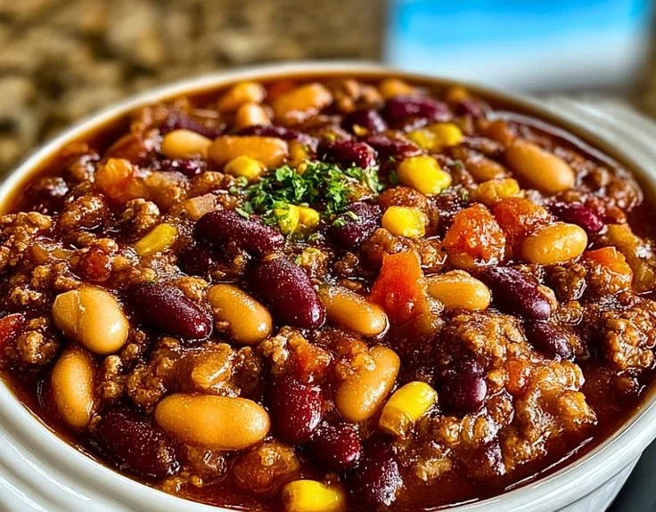 A bowl of hearty slow cooker cowboy beans with toppings garnished.