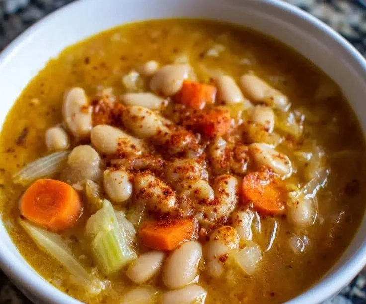 Bowl of hearty vegan bean soup with roasted garlic, garnished with herbs.