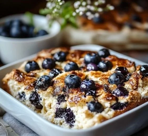 High-protein lemon blueberry breakfast bake ready to serve