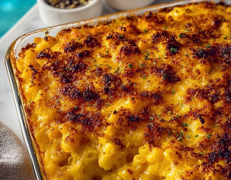 Homemade John Legend's baked mac and cheese topped with golden breadcrumbs and cheese