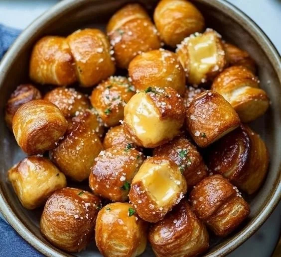 A batch of homemade soft pretzel bites served with mustard dipping sauce.