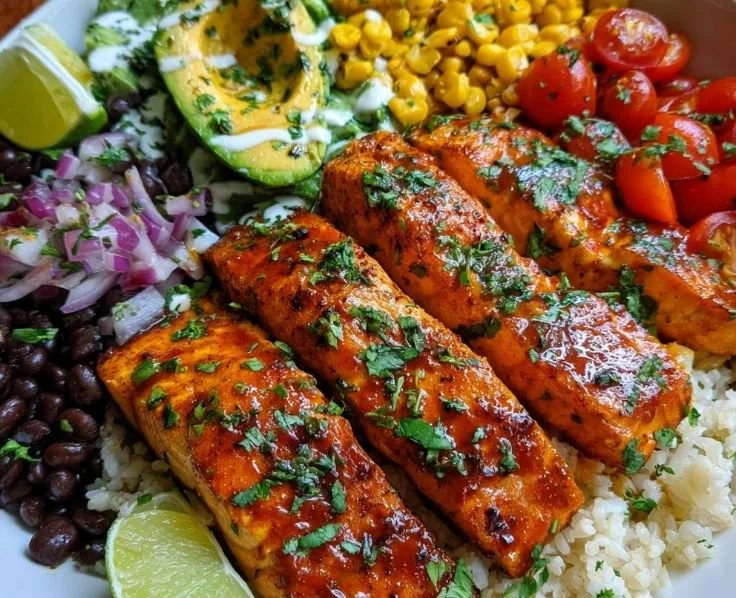 Honey Chipotle Salmon Bowl with vibrant vegetables and rice