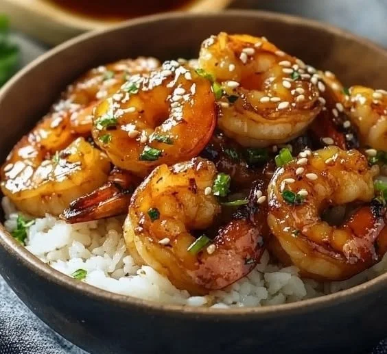 Delicious Honey Garlic Shrimp Bowl topped with fresh vegetables and rice
