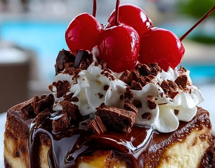 Hot fudge sundae brownie cheesecake topped with chocolate and whipped cream