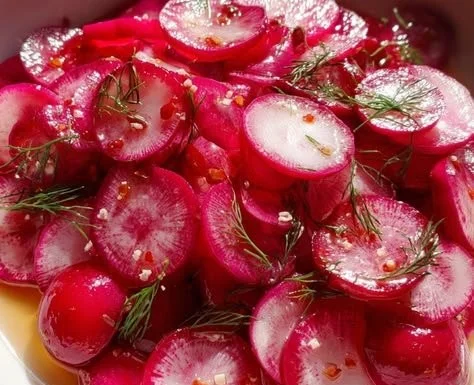 Jar of pickled radishes ready for serving