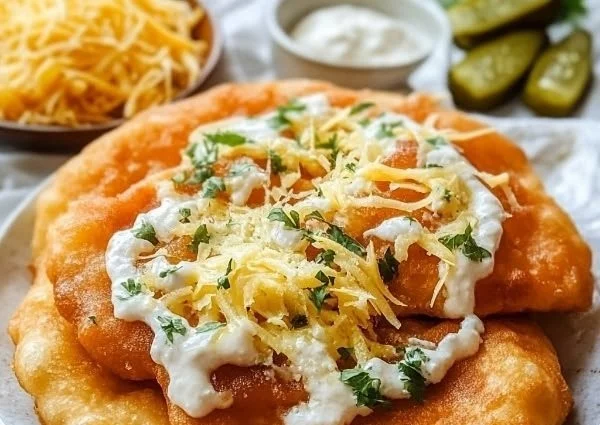 A plate of delicious Hungarian fried dough, crispy and golden-brown.