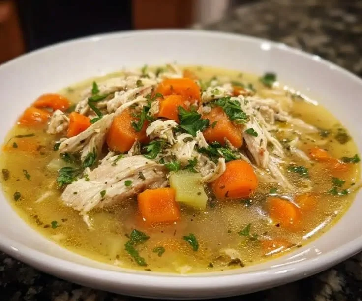 Delicious crockpot rotisserie chicken soup with fresh ingredients