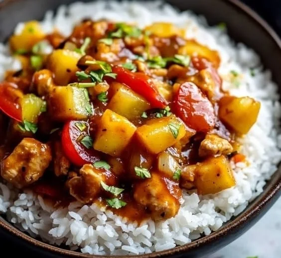 Instant Pot Pineapple Chicken served with rice in a bowl