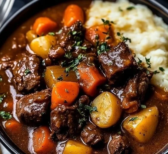 Delicious Irish Guinness Beef Stew served in a rustic bowl.