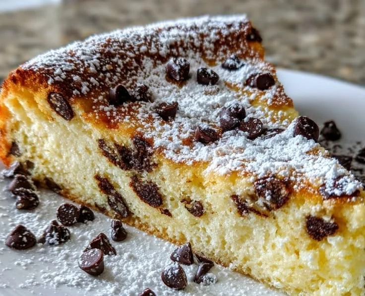 Slice of Italian Ricotta Chocolate Chip Cake topped with chocolate chips and powdered sugar