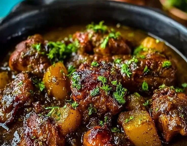 Delicious Jamaican Brown Stew Chicken served with rice and vegetables.