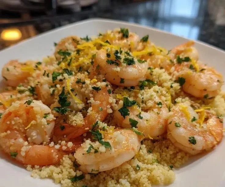 Juicy shrimp pasta with lemon garlic couscous served in a bowl
