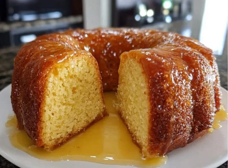 Delicious Kentucky Butter Cake with glaze on a white plate