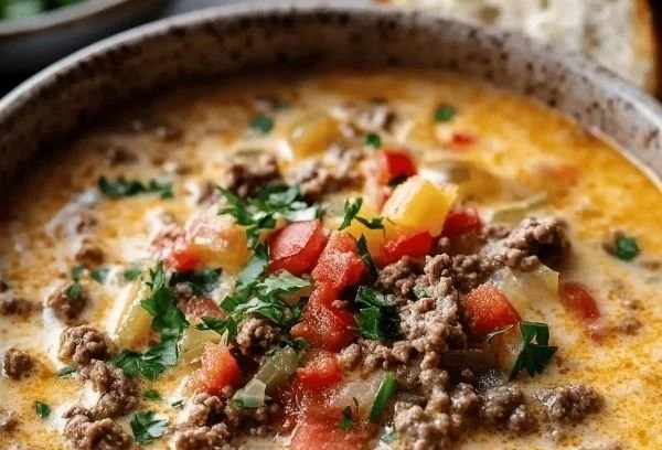 Delicious bowl of Keto Beef Cheeseburger Soup with cheese and herbs