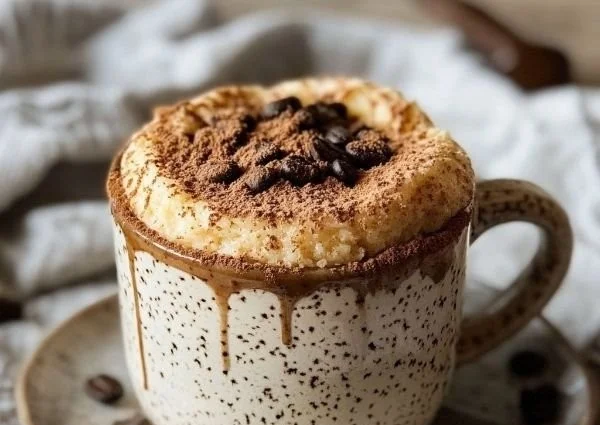 Keto Coffee Cake Mug Cake with a slice on a plate