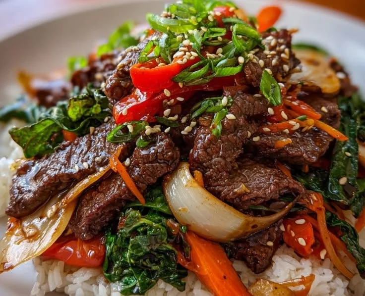 Delicious Korean beef bulgogi with marinated beef and vegetables on a plate