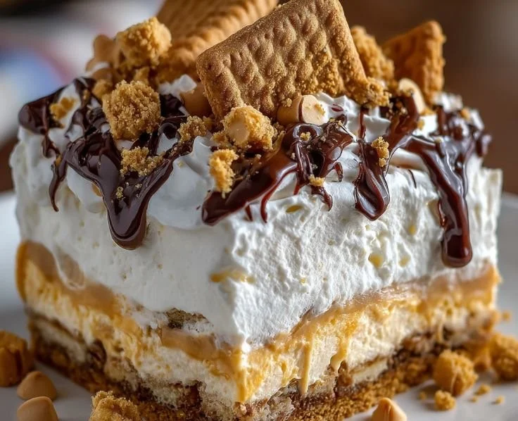 Layered peanut butter dessert with creamy layers and toppings.