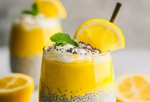 Delicious Lemon Curd Chia Pudding topped with fresh fruit.