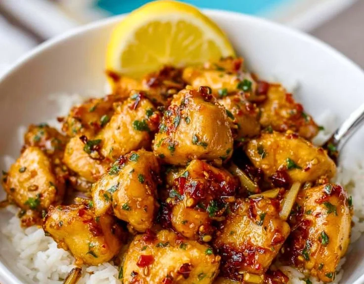 Delicious Lemon Garlic Chicken Bites served with fresh herbs