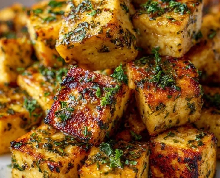Lemon herb baked tofu served on a plate with fresh herbs and lemon slices.