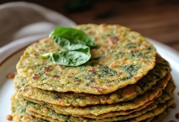 Plate of homemade lentil spinach flatbread served with greens.