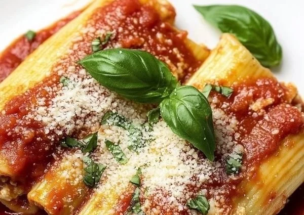 Plate of stuffed manicotti shells with cheese and marinara sauce