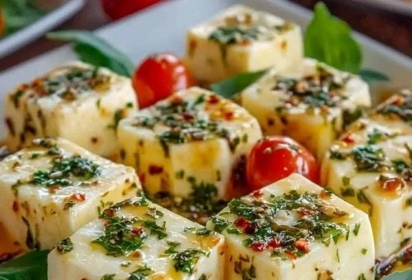 Delicious marinated cheese served with herbs and spices in a bowl
