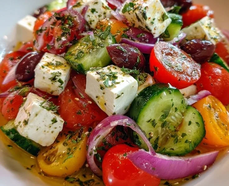 Authentic Mediterranean Greek salad with fresh vegetables, feta cheese, and olives.