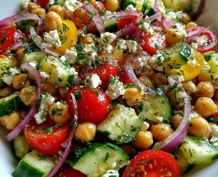 Mediterranean Chickpea Salad with cucumber and feta cheese in a bowl