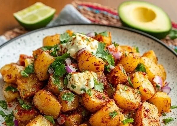 Delicious Mexican-style street potatoes topped with spices and herbs