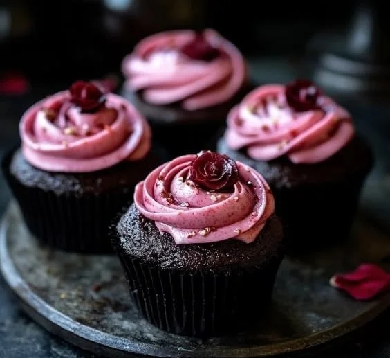 Midnight Rose Garden Cupcakes with elegant floral decorations and rich frosting