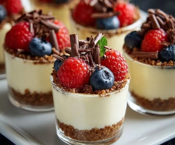 Mini cheesecake dessert shots in clear cups, garnished with fruit.