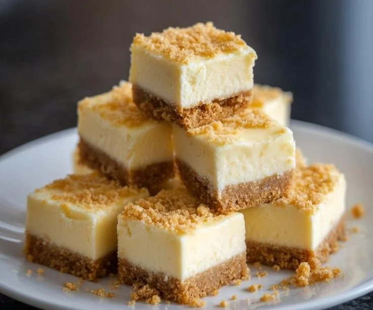 Delicious mini cheesecake squares ready to be served on a plate.