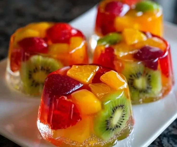 Colorful mini fruit jelly cups with assorted fruits served in clear cups