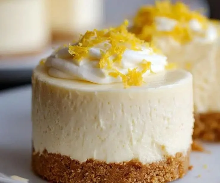 Mini lemon cheesecake dessert topped with lemon zest on a plate
