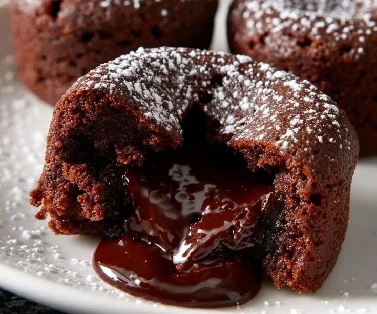 Delicious mini molten lava cakes served with a sprinkle of powdered sugar