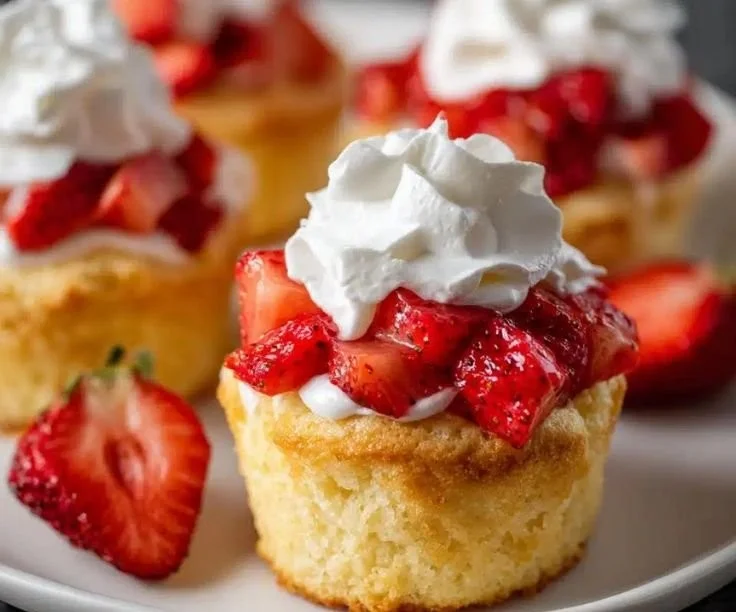 Mini strawberry shortcake cups with fresh strawberries and whipped cream