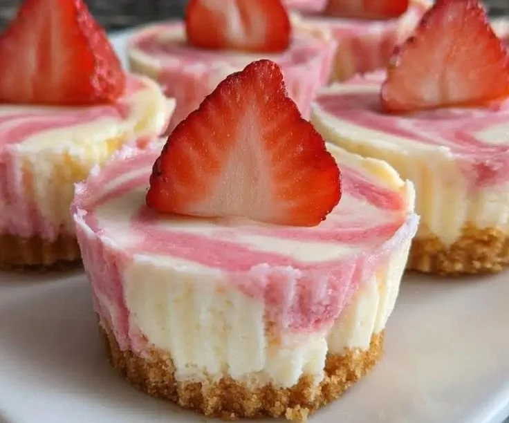 Mini strawberry vanilla cheesecake bites on a white plate.