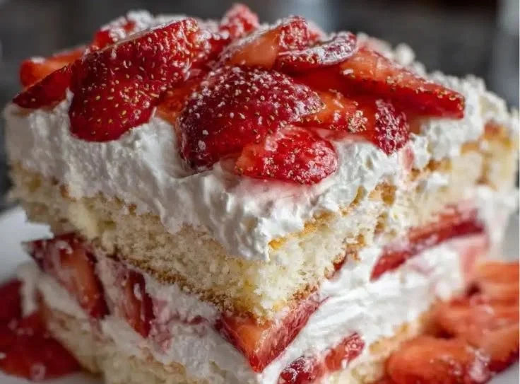 Delicious Minute Angel Food Strawberry Shortcake topped with fresh strawberries