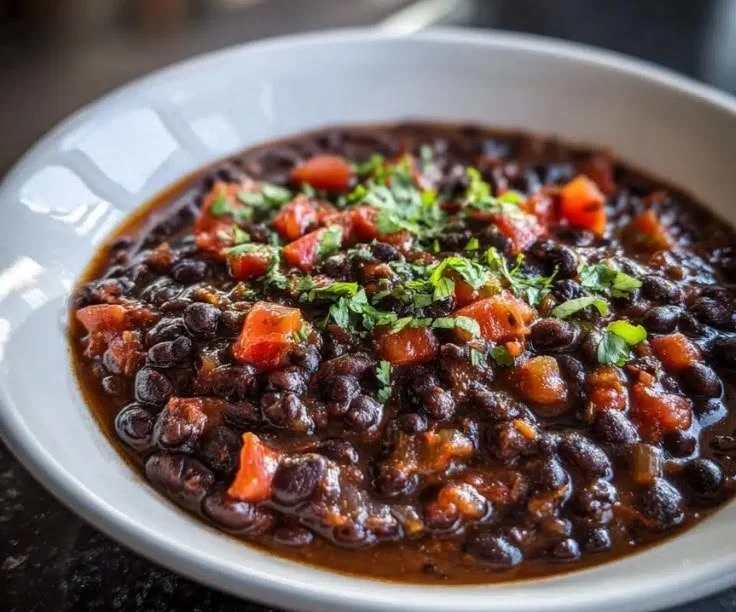 Bowl of Minute Black Bean Soup made with pantry staples