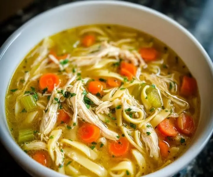 Comforting bowl of homemade chicken noodle soup made in minutes
