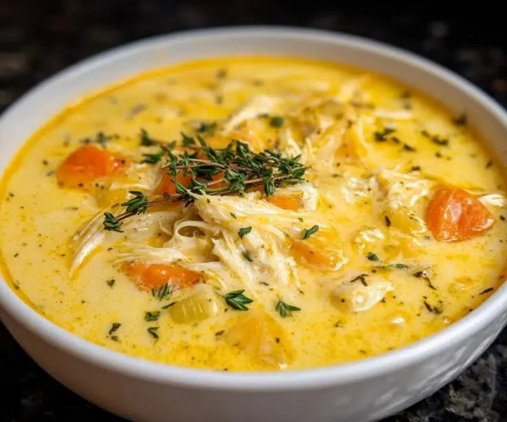 Bowl of creamy cheddar chicken soup garnished with herbs