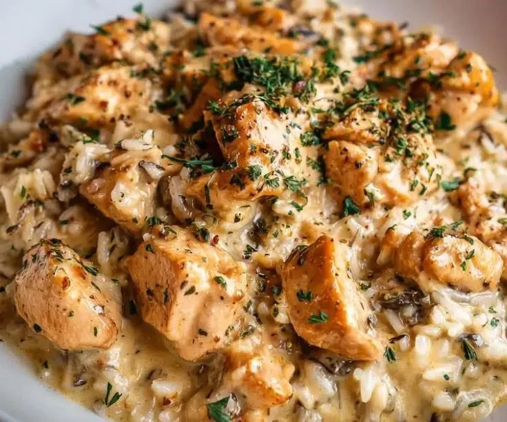 Delicious Minute Creamy Chicken and Wild Rice Bowl ready to serve.