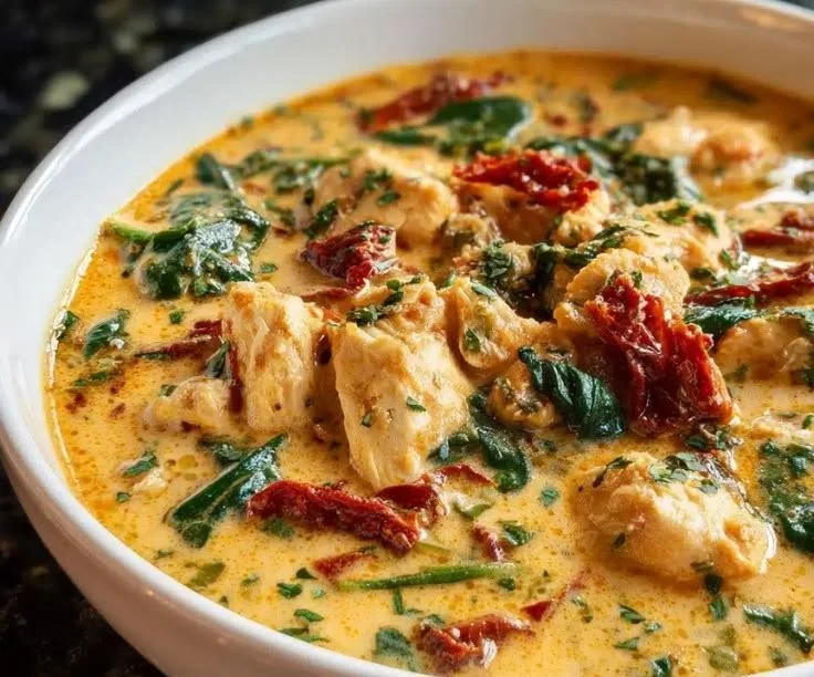 Bowl of creamy Tuscan chicken soup garnished with herbs and vegetables