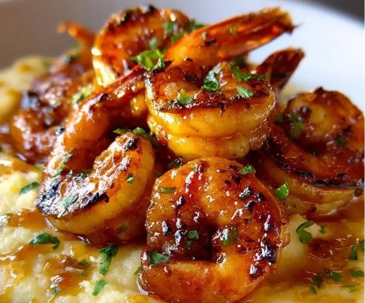 Delicious honey garlic glazed shrimp served with sweet potato mash.