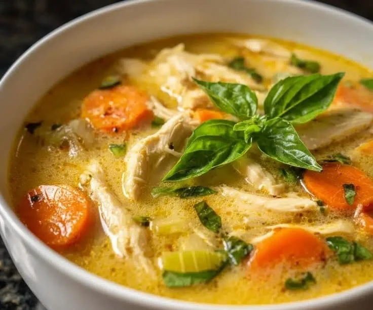 A bowl of delicious Minute Lemon Basil Chicken Soup garnished with basil leaves.