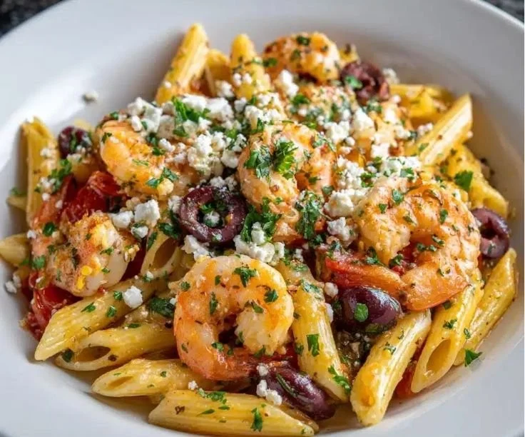 Plate of Mediterranean Shrimp Penne with fresh herbs and spices